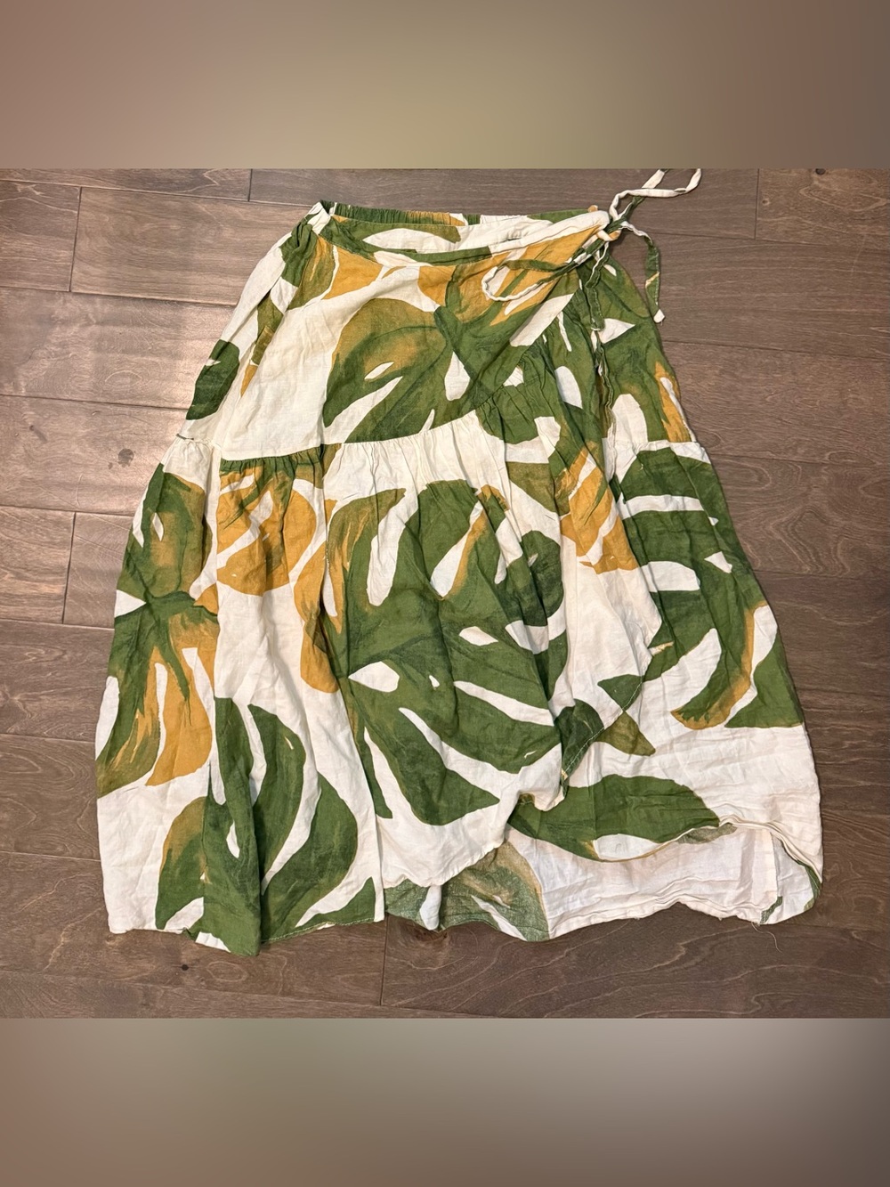 Rachel Zoe Green, White & Mustard Leaf print Wrap Midi Skirt